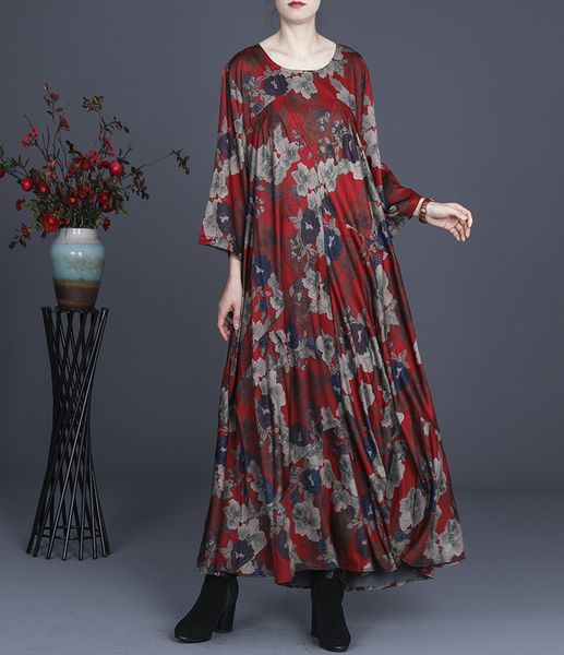 

elegant spring summer style floral luxury print long female dress loose in bulk, Black;gray