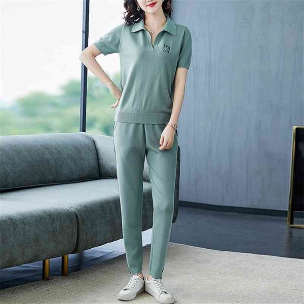 

casual short sleeve knit two-piece tracksuit letter embroidery turn-down collar + side stripe harem pants t-shirt women's sets 210522, White