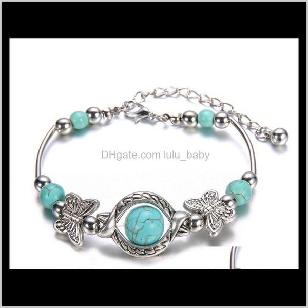 Link, Kette Drop Lieferung 2021 Tibetische Silber Farbe Türkis Armbänder Armreifen Inlay Schmetterling Perle Nation Bohemian Einstellbar für Frauen Fas