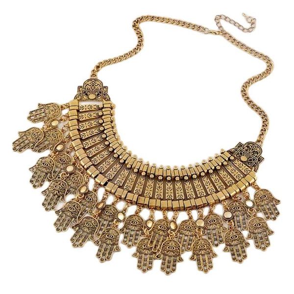 

chains bohemian good luck cluster evil eye hamsa hand of fatima tassel statement necklace turkish gypsy ethnic tribal jewelry, Silver