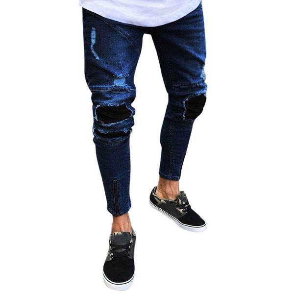 

mens casual fitness bodybuilding pocket skin full length sports denim pants summer ripped washable commute office pants x0621, Blue