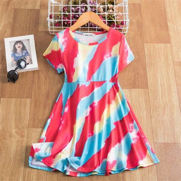 

girl's girls kids summer dresses short sleeve rainbow printed beach party princess costume children birthday colorful tie dye clothing, Red;yellow
