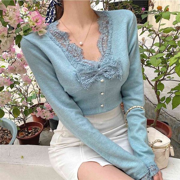 

vintage knitted casual women shirt v neck lace slim and spring korean style female elegant, White