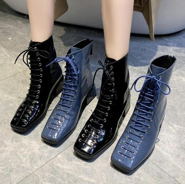 

boots british short 2021 autumn patent leather women shoes block-heel square head lace-up versatile motorcycle boot, Black
