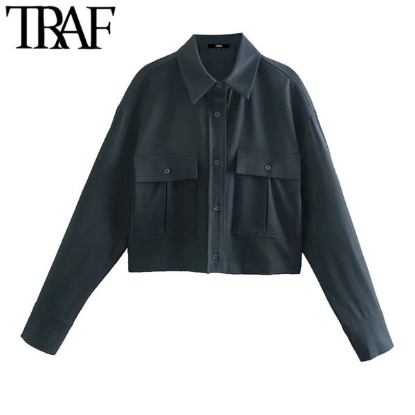 

women fashion with pockets cropped blouses vintage long sleeve button-up female shirts blusas chic 210507, White