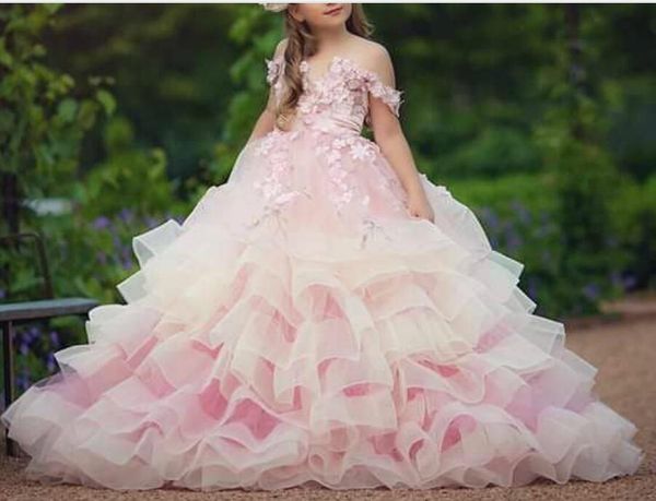 

2021 cute pink puffy flower girl dresses for weddings lace appliques beads tulle ruffles tiered girls pageant dress kids communion gowns off, White;blue