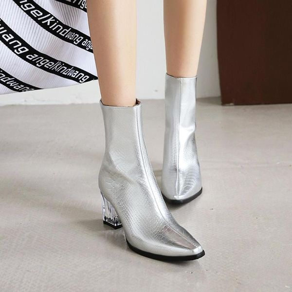 

boots fashion women ankle square head high heel stiletto gold silver black