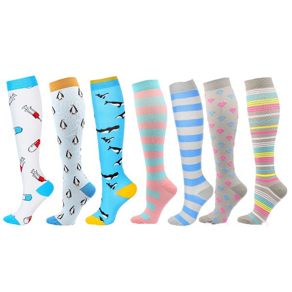 Kompressionsstrümpfe Damen Herren Drucksocken Komprimieren Sport Hellgrau Dunkel Liebe Streifen Pinguin Muster Nylon Fun S/M