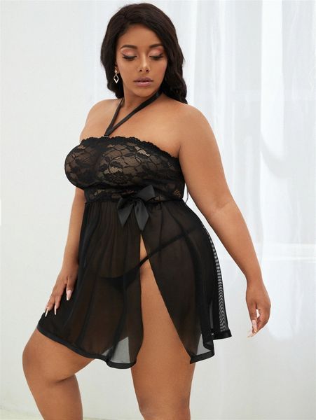 

plus contrast lace mesh slips with thong h5j7#, Black;white