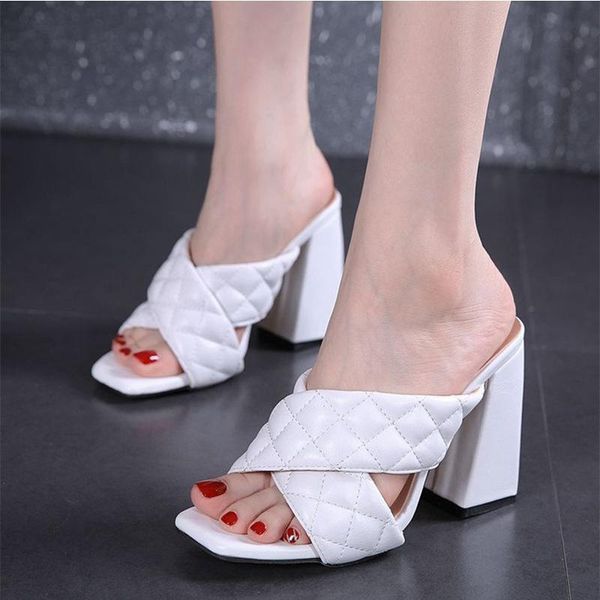 

summer women pu slippers female square toe slides big size ladies heel outdoor fashion solid shoes home footwear, Black