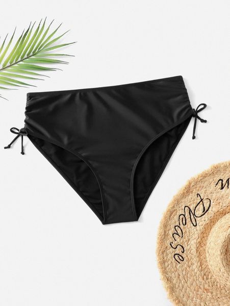 

plus plain drawstring high waisted bikini bottom 96vc#, Black