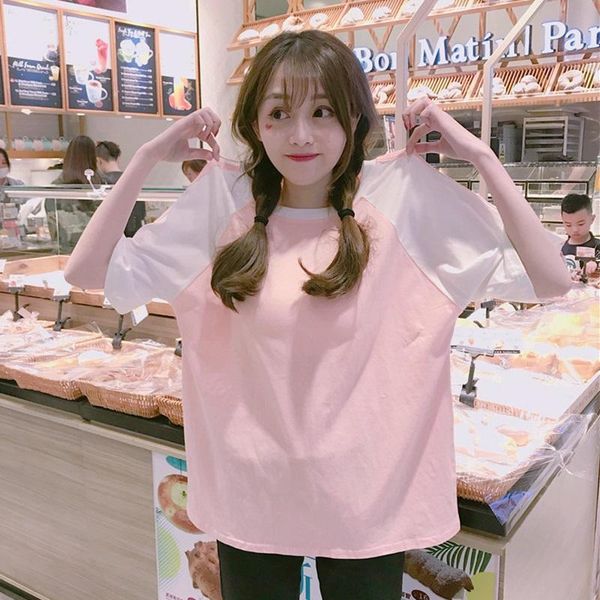 

summer patchwork mlik fiber t-shirt female cute casual japan korean harajuku style loose college students kawaii women women's, White