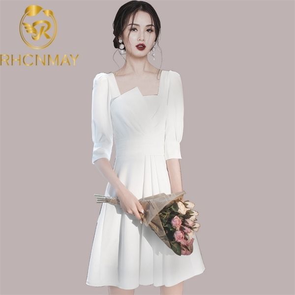 

korea summer temperament party dress women elegant square collar long sleeve white gentle big hem midi 210520, Black;gray