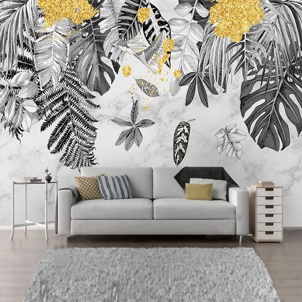 Пользовательские фото обои современные рисованной 3d черно-белые тропические листья мраморные росписи гостиная телевизор диван домашний декор фрески