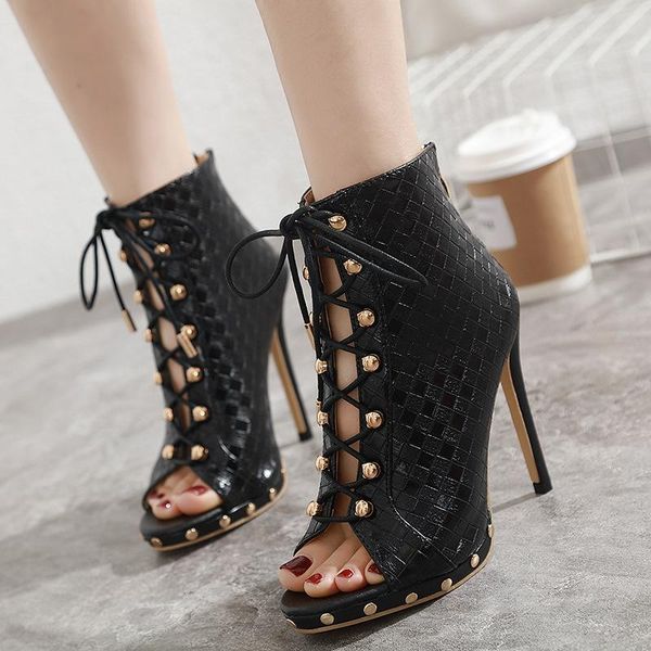 

sandals women's shoes wind rivet fish mouth thin high-heeled short boots hollowed out, Black