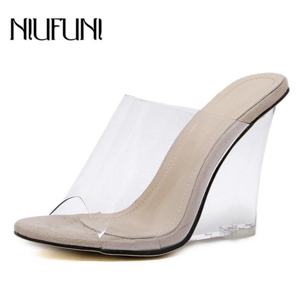 

slip on pvc transparent crystal heel women's slippers peep toe slides high heels shoes fashion wedges sandals pumps 210903, Black