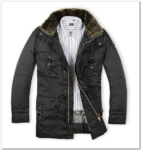 

men coat multi-pocket belt fur male men turn-down collar down et, Black