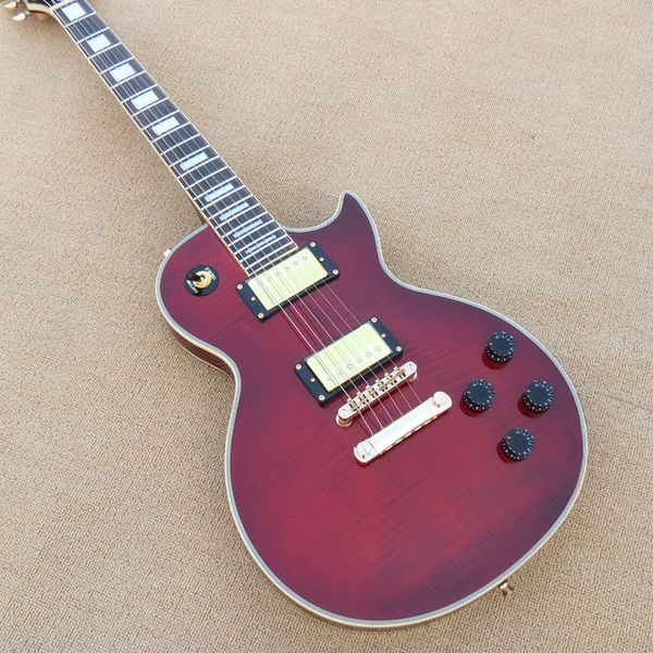 

red veneer electric guitar, closed knobs and gold hardwares