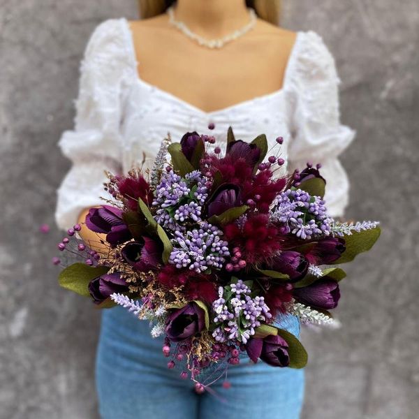 

bridal veils artificial purple tulip bouquet bride flower, Black