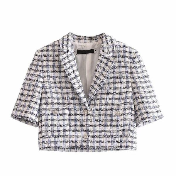 

women's suits & blazers yenkye fashion women vintage plaid crop blazer mujer notched collar short sleeve casual jacket female autumn ch, White;black