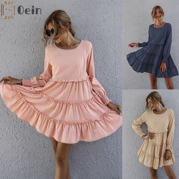 

casual dresses oein autumn women's ruffle dress solid linen elastic long sleeve loose o neck a-line mini cake elegant female vestidos, Black;gray