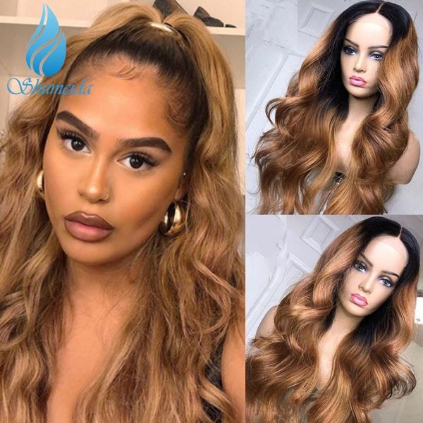 

lace wigs shumeida ombre brown color 13*4 front with baby hair brazilian remy human body wave, Black;brown
