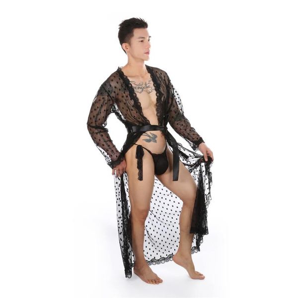 

men's sleepwear lingerie robe lace sheer long bathrobe nightwear erotic see through men underwear dressing gown and thong, Black;brown