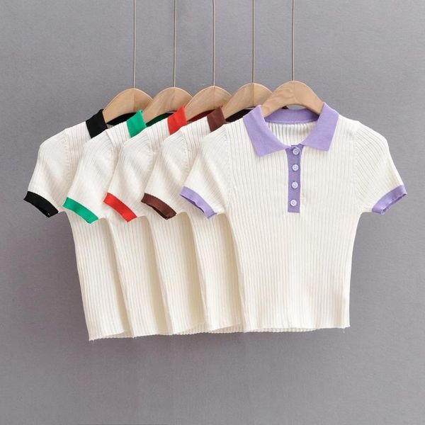 

women's t-shirt tvvovvin 2021 summer lapel slim contrast short sleeve knitted for women casual all-match zwcb, White