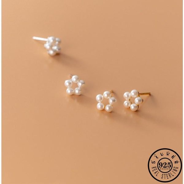 

stud 925 sterling silver small flower shape gold color plated earrings trendy mini shell pearl earings jewelry for women, Golden;silver