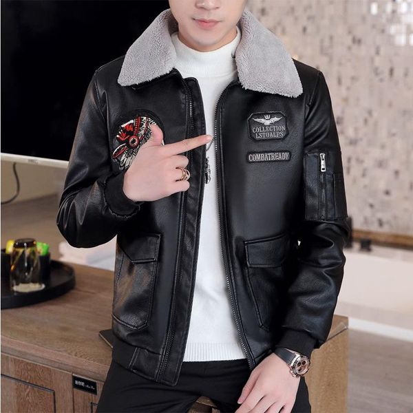 

men's fur & faux 2021 style young and middle-aged leather jacket loose lapel pu one plus cotton casual korean direct sales, Black