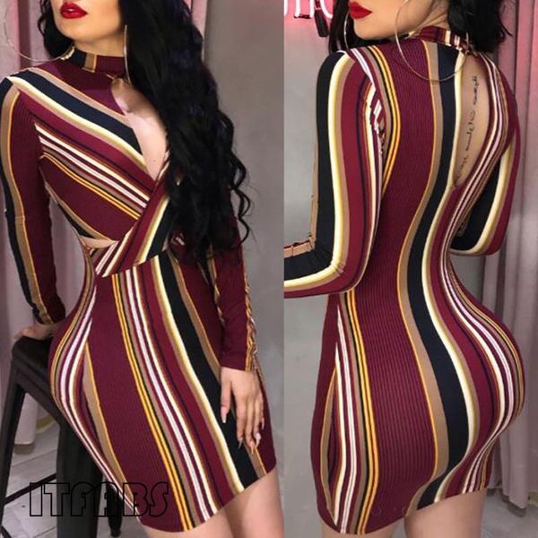 

casual dresses women bodycon long sleeve stripe dress short mini party slim vestidos, Black;gray