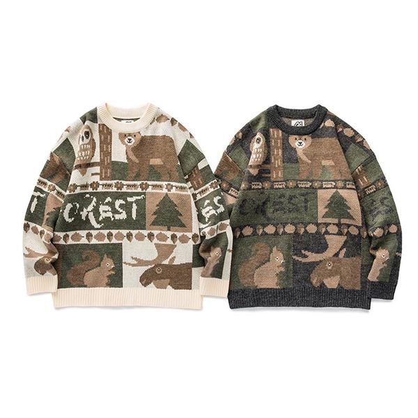 

men's sweaters harajuku japanese knitted sweater casual round neck bear pattern retro mens women clothing autumn pullover fashion cloth, White;black