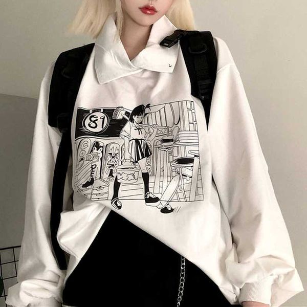 

qweek harajuku manga anime hoodies women autumn japanese streetwear kawaii cute print long sleeve sweatshirt white 211019, Black