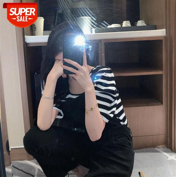 

[] retro square collar french blouse striped knit short-sleeved t-shirt female temperament sea soul shirt #da22, Black