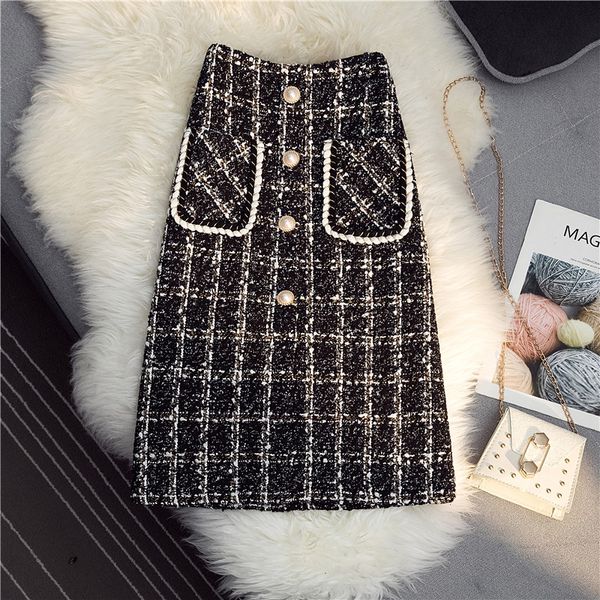 Outono novo design feminino cintura alta tweed lã xadrez espessamento na altura do joelho saia espessante plus size SMLXLXXL