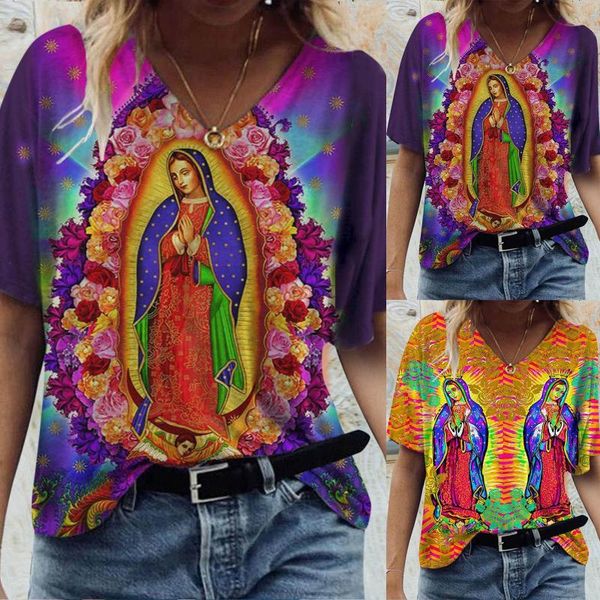 

jesus and the virgin tshirts camisetas de mujer morada women fashion short sleeve 3d printed v-neck tee t-shirt streetwear women's, White