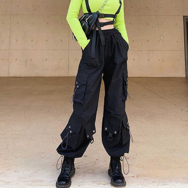 

spring black rivet cargo pant hip hop loose winter ribbon high waist corset casual 210531, Black;white