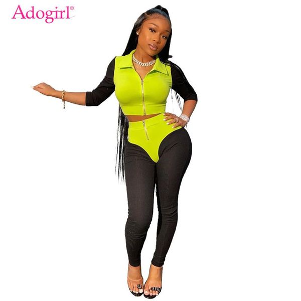 

two piece dress adogirl color patchwork ribbed set women knitted tracksuit turn down collar long sleeve jacket crop pencil pants, White