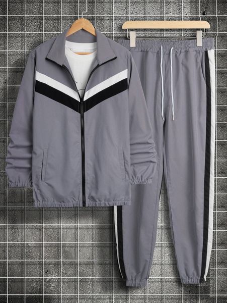 

men colorblock zip front jacket & drawstring waist pants t4qz#, Gray