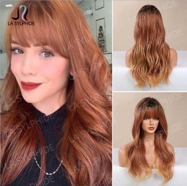 

synthetic wigs long brown red curly brand air bangs, Black