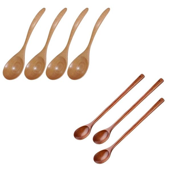 

7pcs wooden spoons soup natural dessert spoon tea curved dinnerware sets