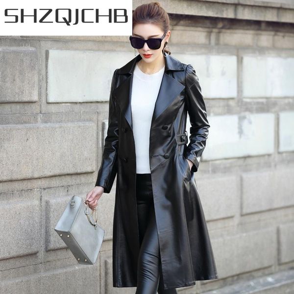 

women's leather & faux shzq spring autumn 100% real sheepskin coat female genuine montone jacket women long slim double breasted 2021 l, Black