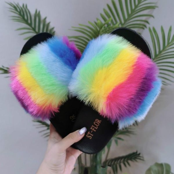 

sandals winter fluffy slides shoes women faux fur flip flop flat with furry outdoor woman amazing, Black