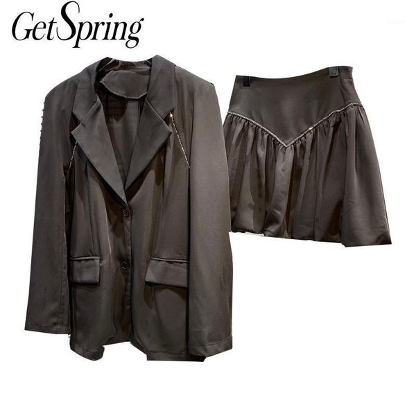 

getspring women blazer skirt set diamond drawstring black and fashion suit spring summer 2021 two piece dress, White