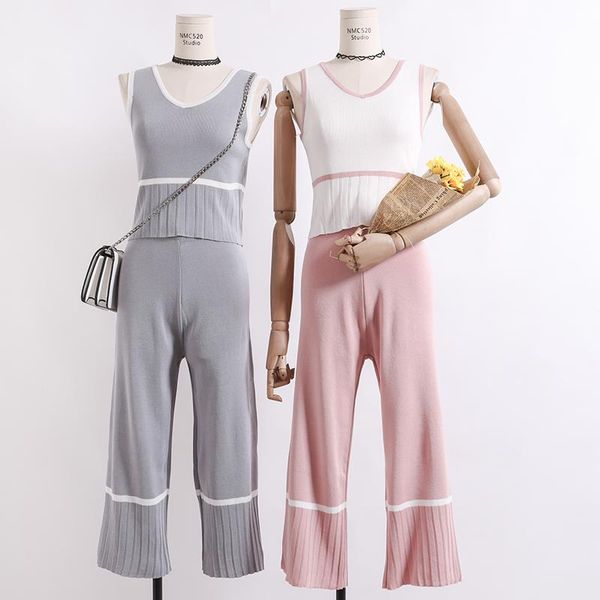 

two piece dress amolapha women tank +wide leg pants knitted 2pcs clothing casual vest jumper +pant knitting suits, White