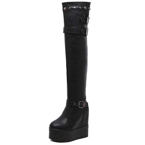 

boots 2021 winter thick bottom height increasing over the knee women high heels platform shoes woman leather knight wb1504, Black