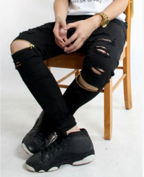 

men jeans biker night club skinny denim zipper casual knee holes hiphop pant washed high quality, Blue