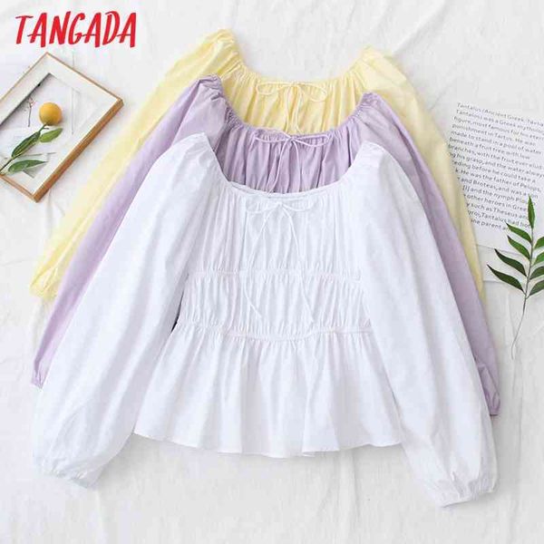 

women retro solid strethy romantic crop blouse long sleeve chic female shirt 5n05 210416, White