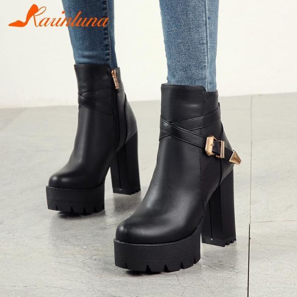 

boots karin 2021 arrival drops ship woman shoes buckle straps round toe thick high heels ankle autumn winter1, Black