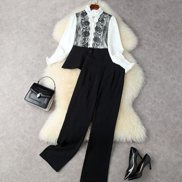 

women's two piece pants european and american autumn 2021 long sleeve patchwork lace shirt black fashion suits, White